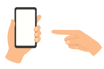 Hand holding smartphone with blank screen and pointing finger, cartoon vector illustration