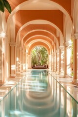 Fototapeta premium Sunlit indoor pool in a grand arched hallway.