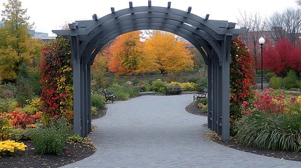 Autumnal serenity: Capturing the essence of a park's archway framed by colorful trees