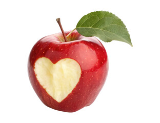 Bitten red apple in the shape of a heart with a leaf isolated on a transparent background png