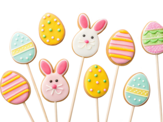 easter lollipops png bunny lollipops png festive candy png egg shaped lollipop png easter treats png colorful suckers png transparent background image