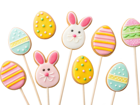 easter lollipops png bunny lollipops png festive candy png egg shaped lollipop png easter treats png colorful suckers png transparent background image