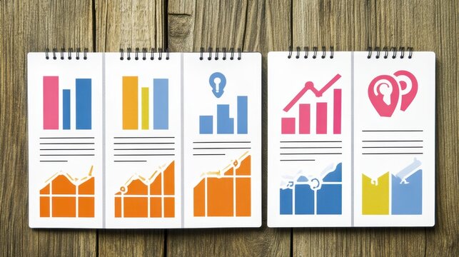 Business Data Visualization: A collection of business data visualizations, presented on a notepad laid upon a wooden surface, showcasing charts, graphs, and icons.