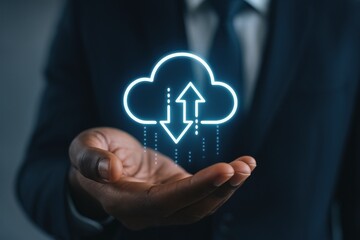 Person suit holding glowing cloud icon with arrows indicating data