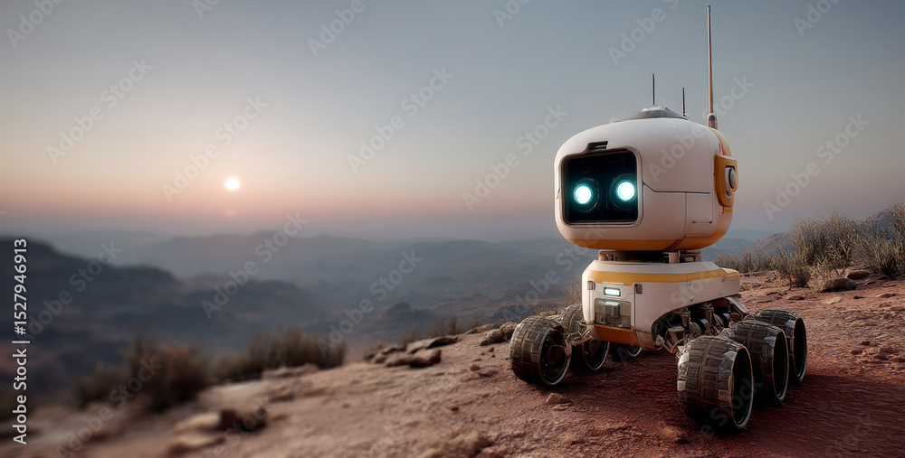 Poster the small robot maneuvers over rocky terrain as the sun sets on the horizon. it conducts exploration