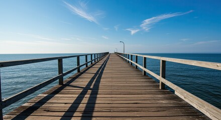 Wooden pier extending into the ocean under a clear blue sky during daytime
