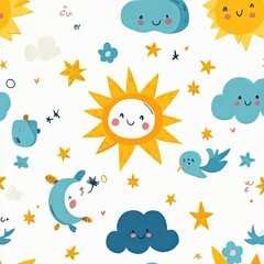 seamless pattern cartoon sun and strars. cute animal wallpaper for textile, gift wrap paper