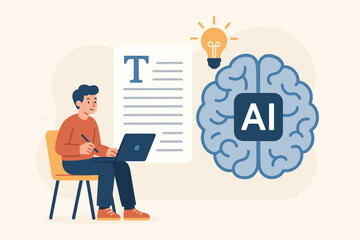 AI writing assistant concept with man on laptop. Artificial intelligence for content creation, copywriting, storytelling. Author or blogger generating ideas with smart technology.
