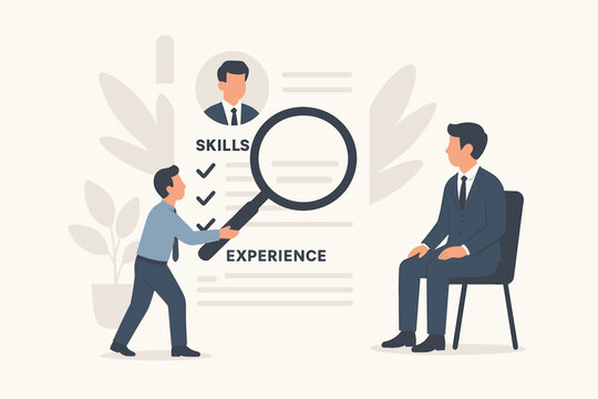 Human resources concept. HR manager with magnifying glass examines candidate resume. Job interview, recruitment, and hiring process. Assessment of skills and experience for employment.