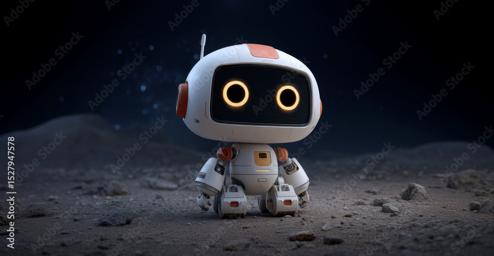 Aufkleber A compact robot stands on the rocky surface of an alien planet, searching for signs of life. The backdrop is a starry sky, emphasizing the vastness of space in this exciting exploration.