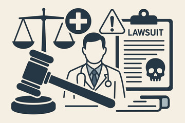 Medical malpractice lawsuit concept. Healthcare negligence and legal claim. Doctor facing justice for medical error. Gavel, scales of justice, warning sign, and skull vector illustration.