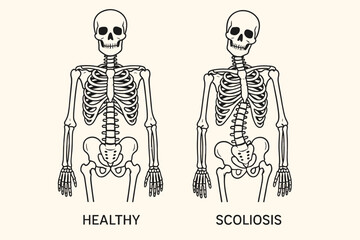 Scoliosis medical concept. Healthy vs curved spine. Human skeleton anatomy illustration. Spinal column deformity. Abnormal posture. Orthopedic disease. Medical vector diagram.