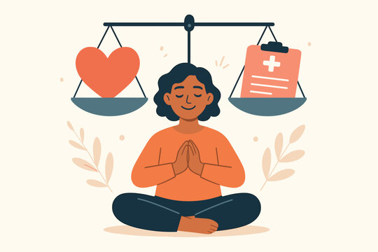 Emotional and physical health balance concept. Woman meditating in yoga pose with scales above her head. Heart and medical clipboard icon. Mental wellbeing and self-care vector.