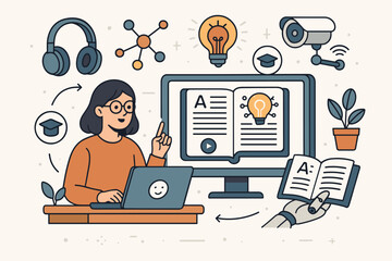Smart education innovation concept. Woman at computer studying online. E-learning, distance education, AI technology, digital knowledge, future webinar, and online course vector.