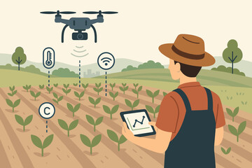 Smart farming concept with a farmer using a drone and tablet for crop monitoring. Agritech and precision agriculture vector illustration. IoT in agriculture with data analysis.