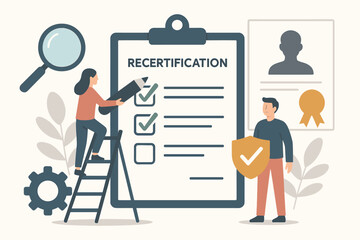 Recertification concept with tiny people checking a list. Professional qualification renewal, compliance standard verification, license validation, and accreditation process illustration.