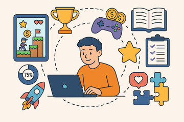 Gamification of education vector concept. Student using laptop for e-learning. Online study with game elements for motivation, rewards, achievement, progress, and success.