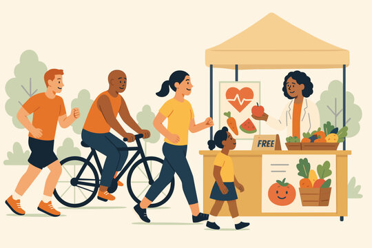 Community health and wellness fair illustration. Diverse family exercising, running, cycling. Doctor at stall gives free fruit for healthy eating. Active lifestyle, nutrition, fitness.