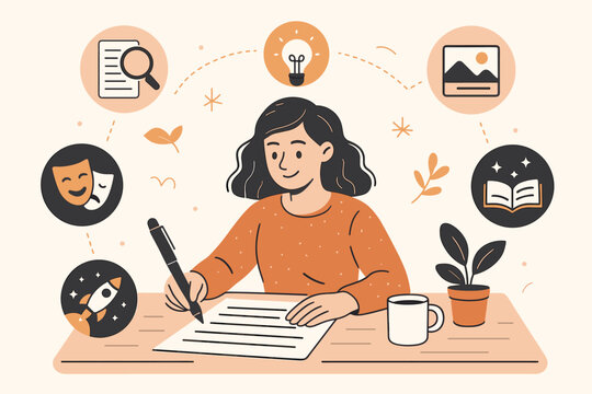 Creative writing process of a female author. Storytelling concept with imagination, inspiration, brainstorming icons. Woman writer creating a book, script, or content. Copywriting.