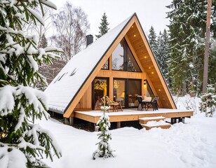 Cozy wooden cabin in snowy forest