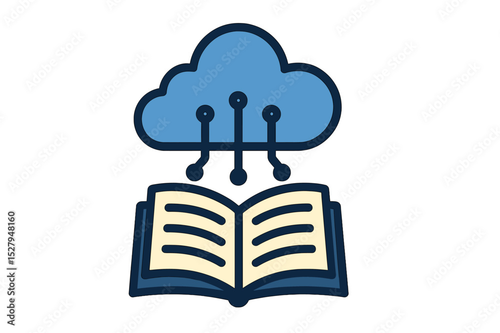 Aufkleber cloud computing and education vector graphic showing data flow into an open book