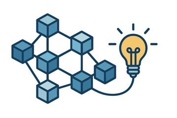 Network of blue cubes connected to bright lightbulb represents ideas and connections