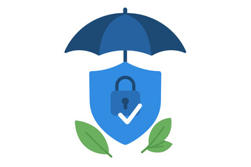 Blue umbrella protects shield with padlock and checkmark, symbolizing security and verification with leaves at base