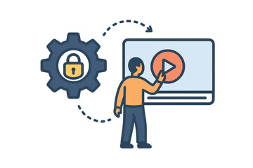 Cartoon illustration of a person interacting with a video play button on a screen, connected to security settings