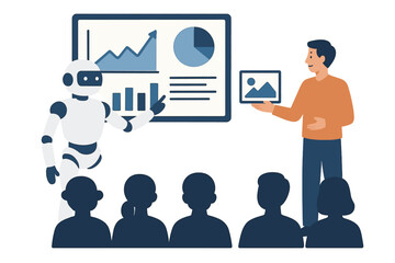 Cartoon of robot presenting a chart to a class while a person holds an image screen