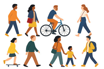 Diverse group of people walking and biking in a public space on a sunny day, cartoon vector