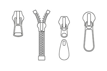 Various zipper puller designs represented as simple, black-and-white vector line art for fashion design and sewing projects © icon_art