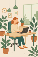 Happy freelance woman working at her desk with a laptop in a biophilic green office. Concept of a sustainable workplace, employee wellbeing, serenity, and productivity in a modern home office.
