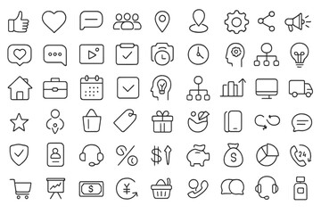 Collection of business and web outline vector illustration icons isolated on white background, diverse range of symbols