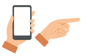 Hand holding smartphone and pointing to the right direction isolated on white background