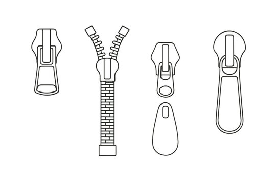 Various zipper puller designs represented as simple, black-and-white vector line art for fashion design and sewing projects