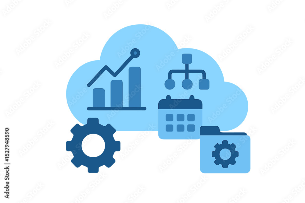 Poster cloud computing vector illustration of data analysis, settings, and scheduling functionalities