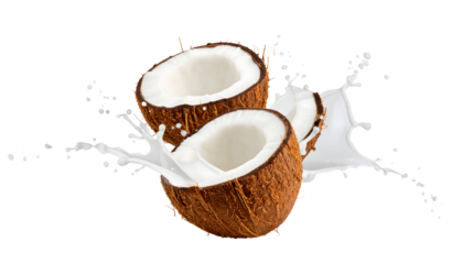 Halved coconuts are suspended amidst a dynamic splash of coconut milk.