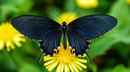 A deep indigo butterfly rests on a vibrant yellow flower.  Close-up, detailed view of the insect's intricate wings, showcasing rich dark blue hues and orange accents.  