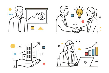 Four simple business icons showing business presentation, shaking hands, real estate growth and working on laptop