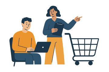 Team planning next steps with laptop and shopping cart vector illustration