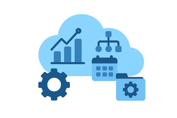 Cloud computing vector illustration of data analysis, settings, and scheduling functionalities