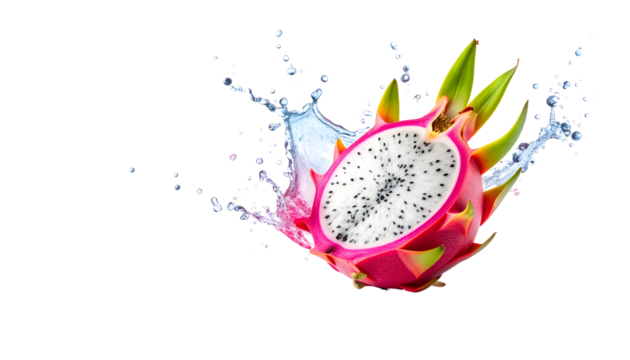 A vibrant halved dragon fruit with a refreshing water splash, highlighting its juicy, exotic appeal.