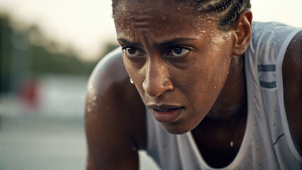 Intense athlete focused on training, sweat glistening on skin, determination evident.