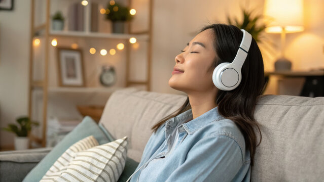 Relaxing Asian woman enjoying music with headphones in cozy living room.