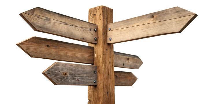 Wooden directional signpost with multiple arrows pointing in different directions. The sign is made of weathered wood, suitable for outdoor settings.
