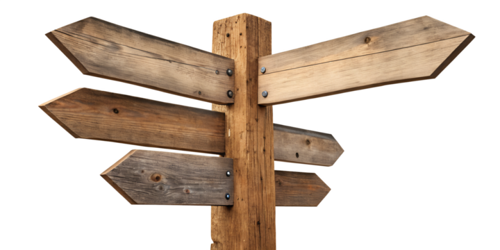 Wooden directional signpost with multiple arrows pointing in different directions. The sign is made of weathered wood, suitable for outdoor settings. - Powered by Adobe