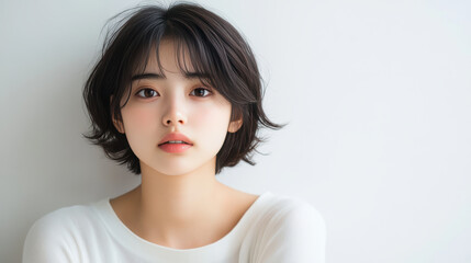 Fototapeta premium young Japanese woman with short hair, wearing white sweater, gazes thoughtfully at camera against light background.