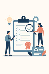 Business standards and certification concept. Employee qualification and skill verification. People with clipboard checklist, magnifying glass for quality control audit and compliance.