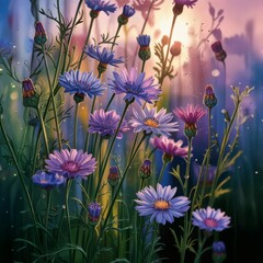 Tranquil Dreamscape: Ethereal Purple Cornflowers Bathed in Golden Morning Light