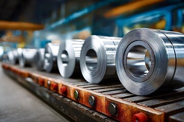 Steel rolls waiting in a manufacturing plant conveyor belt
